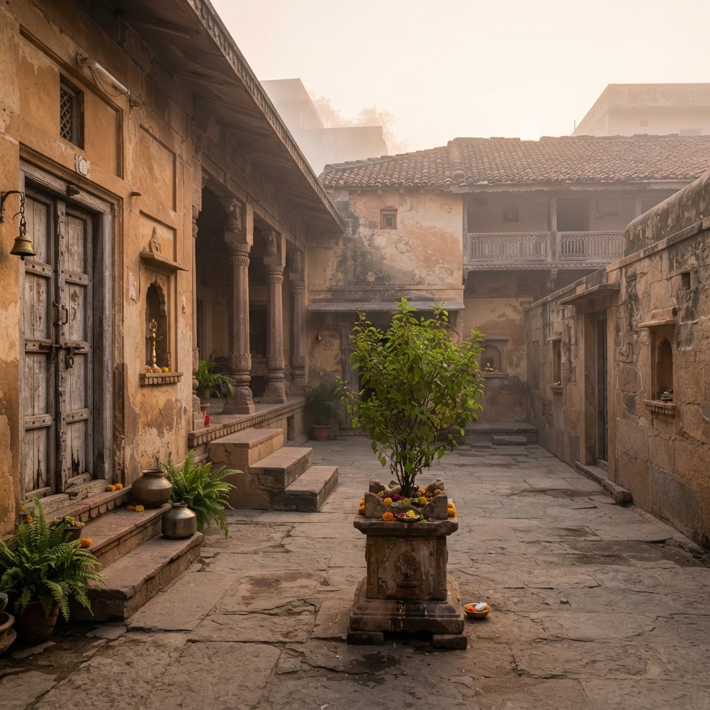 A serene ashram courtyard near Varanasi in soft dawn light
