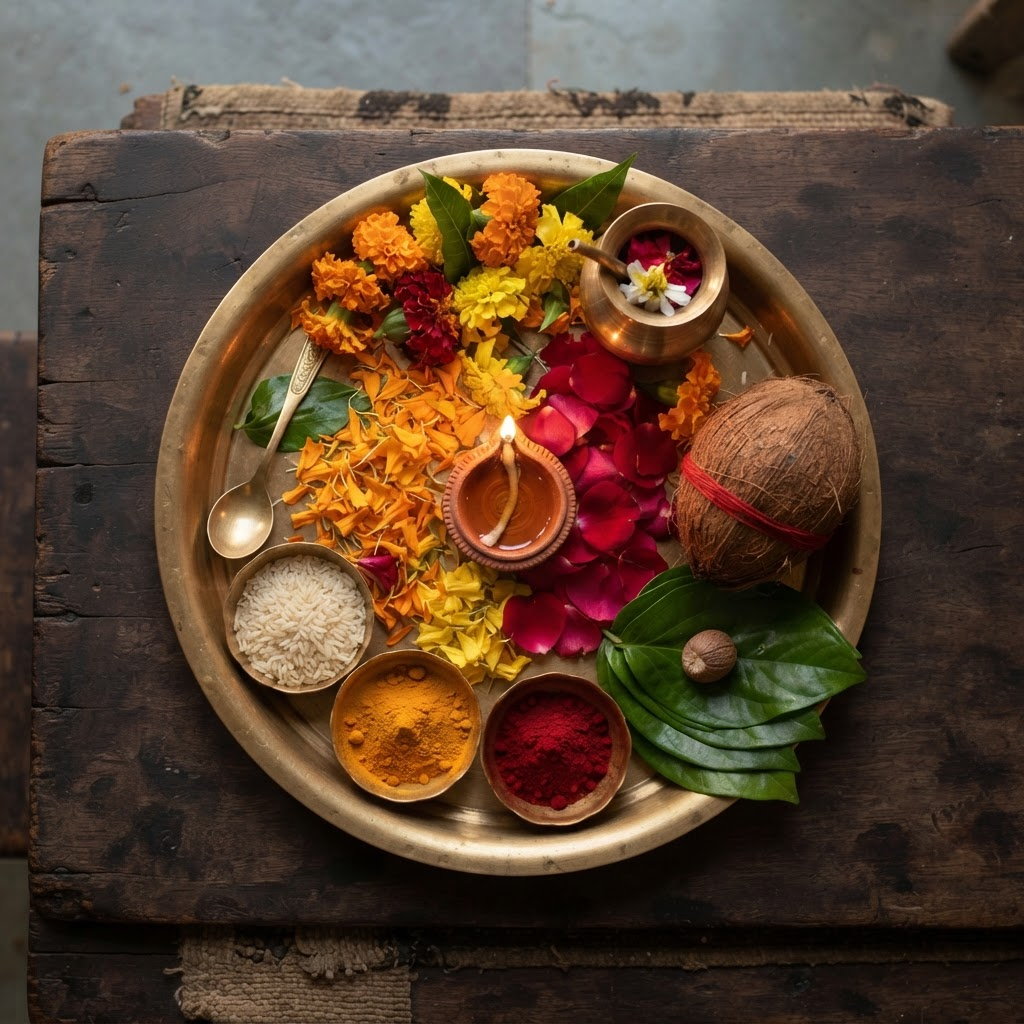 Traditional puja offerings of petals, rice and a clay lamp arranged on a brass plate