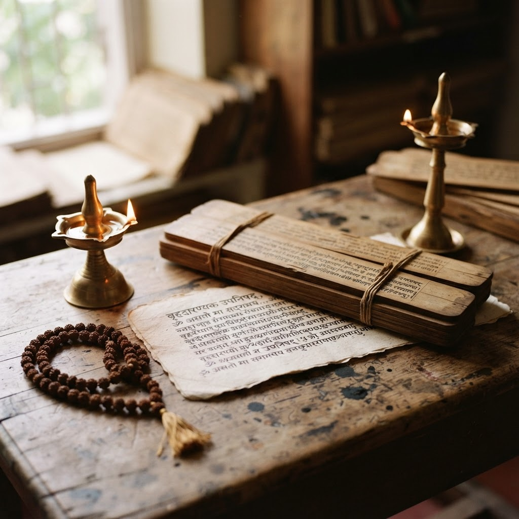 Aged Sanskrit manuscripts beside a brass oil lamp on a wooden desk