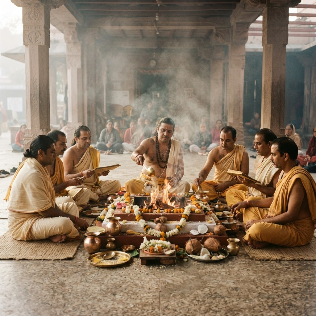 A traditional Vedic yagya ceremony around a fire altar